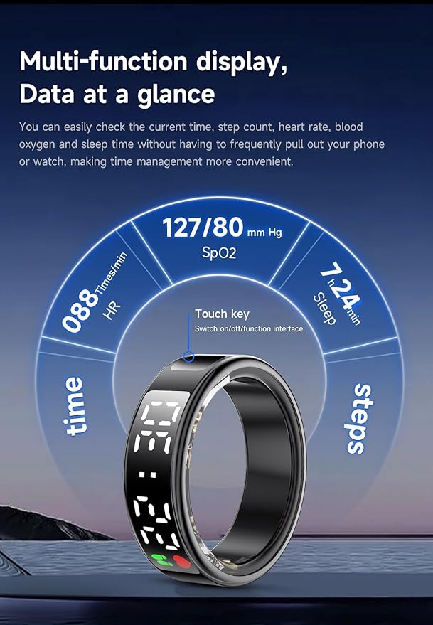 Fitness Tracker Ring, Smart Ring with Display & Charging Case, Accurate Monitoring of Pedometer, Heart & Temperature, IP68 Waterproof, 5-Day Battery Life, Black