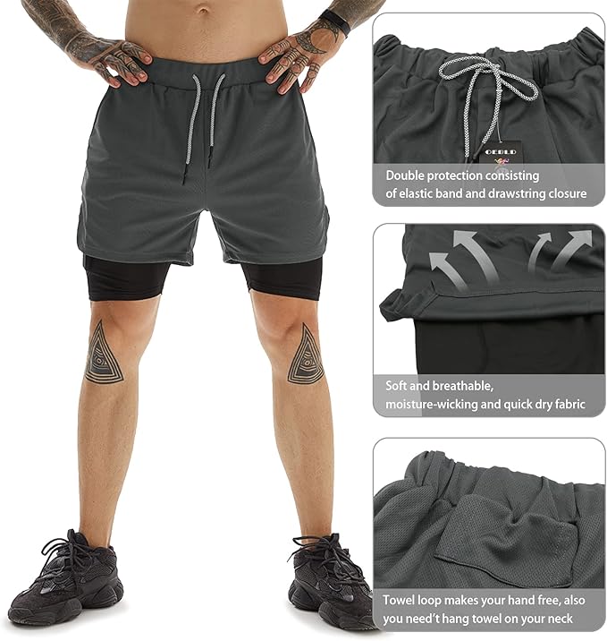 OEBLD Mens Athletic Shorts 2-in-1 Gym Workout Running 7'' Shorts with Towel Loop