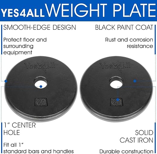 Yes4All 1 Inch Grip Cast Iron Weight Plates for Dumbbells – Standard Weight Plates - 20lb