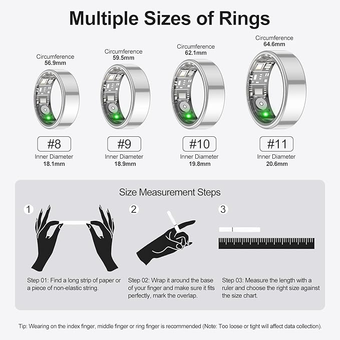 Temdan Smart Ring, Wearable Fitness Tracker, Sleep Quality & Heart Rate & Blood Oxygen Monitoring, IP68 Waterproof, No Subscription Fees, Silver, Size 11