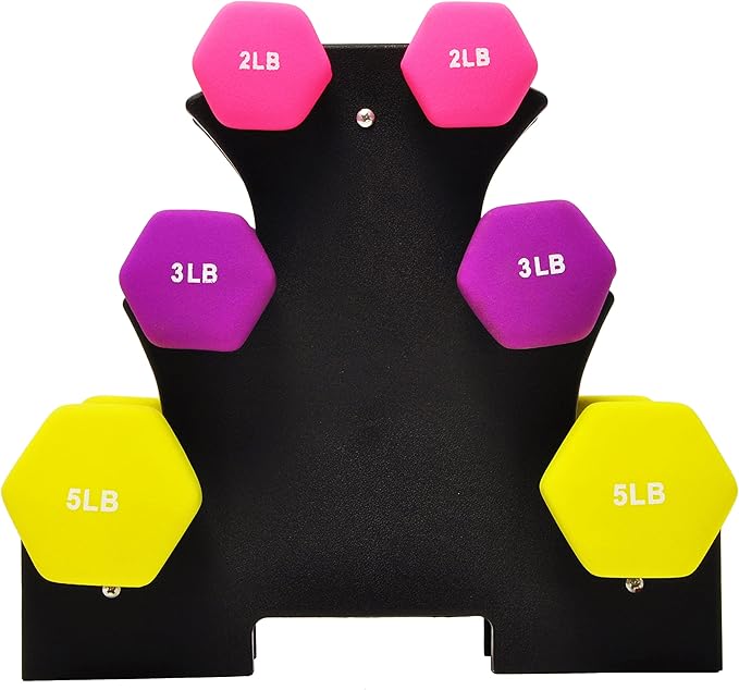 Neoprene Dumbbell Hand Weights, Anti-Slip, Anti-roll, Hex Shape Colorful, Pair or Set with Stand