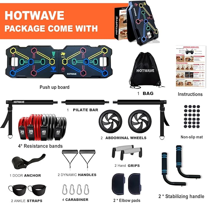 HOTWAVE Portable Workout Equipment with 20 Gym Accessories.Push