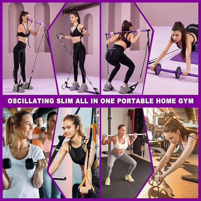 Ultimate Pilates bar kit.Multiple Fitness bar with Resistance Bands, Ab Rollers. Core Strength Training Equipment. Squat Machine for Men and Women. Portable Home Gym