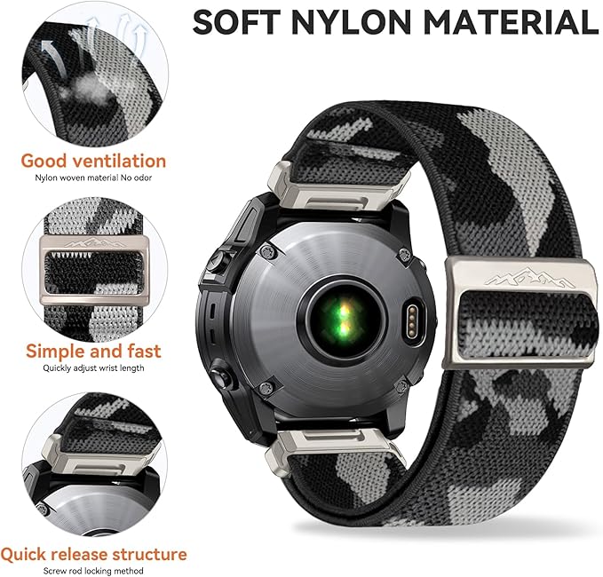 26mm Nylon Stretchy Band for Garmin Fenix 6x/5x/7x Band, Soft Adjustable Smartwatch Bands for Garmin Fenix 5X Plus, Fenix 6X Pro,Fenix 3,Fenix 3 HR, Descent MK1/Mk2/ Mk2S,Enduro/Enduro 2