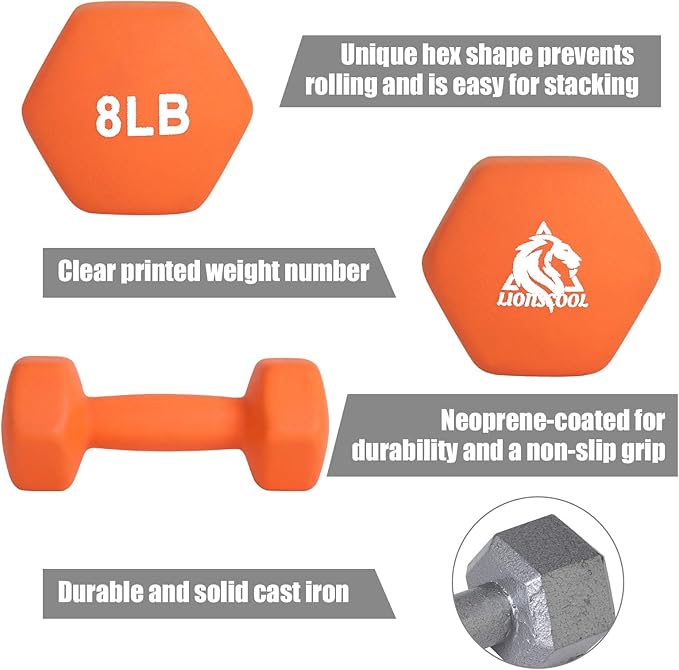 LIONSCOOL Set of 2 Neoprene Coated Dumbbell Hand Weights, Anti-Slip and Anti-Roll Hex Dumbbells in Pair for Strength Training, Resistance Training