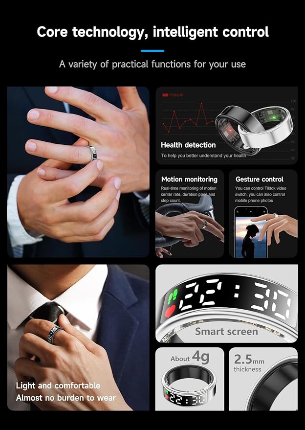 Fitness Tracker Ring, Smart Ring with Display & Charging Case, Accurate Monitoring of Pedometer, Heart & Temperature, IP68 Waterproof, 5-Day Battery Life, Black