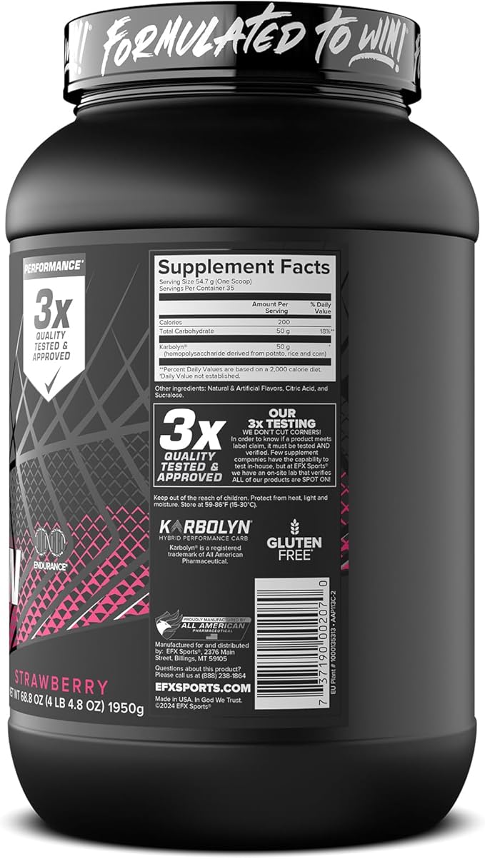 EFX Sports Karbolyn Fuel | Fast-Absorbing Carbohydrate Powder | Carb Load, Sustained Energy, Quick Recovery | Stimulant Free | 35 Servings (Strawberry)