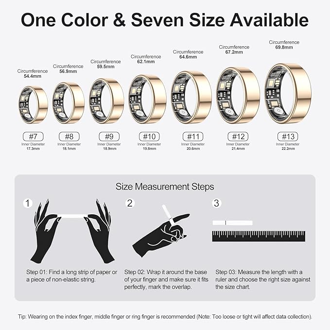 Temdan Smart Ring (Upgraded), Wearable Fitness Smart Ring Health Tracker, Sleep Quality & Heart Rate & Blood Oxygen Monitoring, IP68 Waterproof, No Subscription Fees, Smart Ring, Gold, Size 11