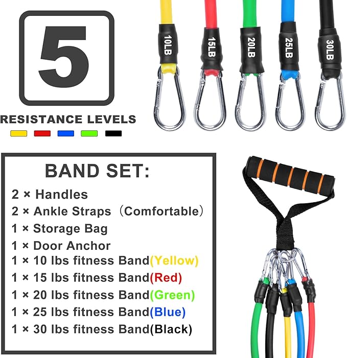 Resistance Bands Set, Workout Bands with Handles, Door Anchor, Ankle Straps and Carry Bag, Exercise Bands for Shape Body and Home Workouts