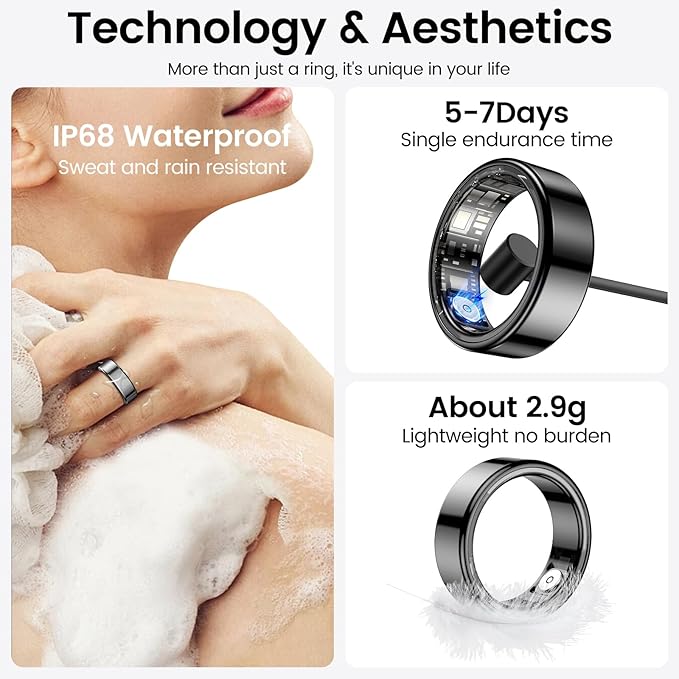 Temdan Smart Ring (Upgraded), Wearable Fitness Smart Ring Health Tracker, Sleep Quality & Heart Rate & Blood Oxygen Monitoring, IP68 Waterproof, No Subscription Fees, Smart Ring, Black, Size 8