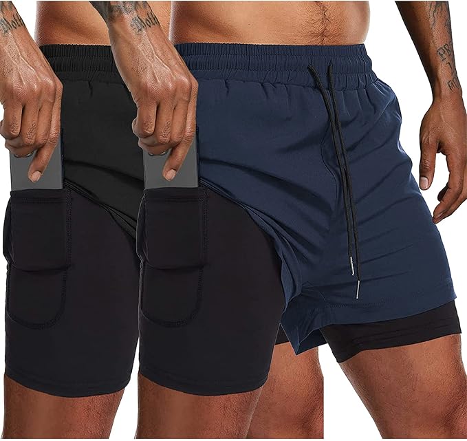 COOFANDY Men's 2 Pack Running Shorts 2 in 1 Workout Shorts Quick Dry Gym Training Athletic Jogger with Phone Pockets
