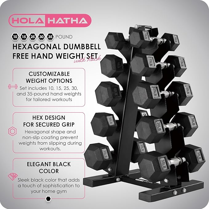 HolaHatha Hexagonal Dumbbell Free Hand Weight Set w/Rack