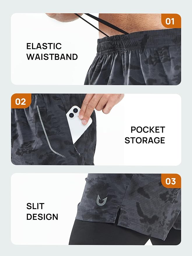 NORTHYARD Men's 2 in 1 Workout Shorts 5" Running Athletic Quick Dry Shorts Gym Sports Basketball Tennis with Phone Pockets