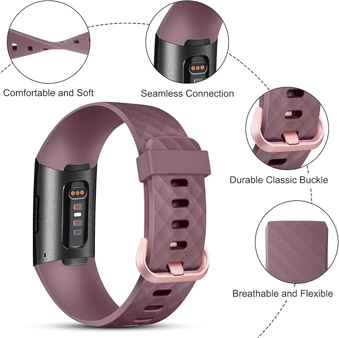 PACK 3 Silicone Bands for Fitbit Charge 4 / Fitbit Charge 3 / Charge 3 SE Replacement Bands for Women Men Small Large (SmokeViolet+Cactus+Starlight, Large: for 7.1"-8.7"wrists)