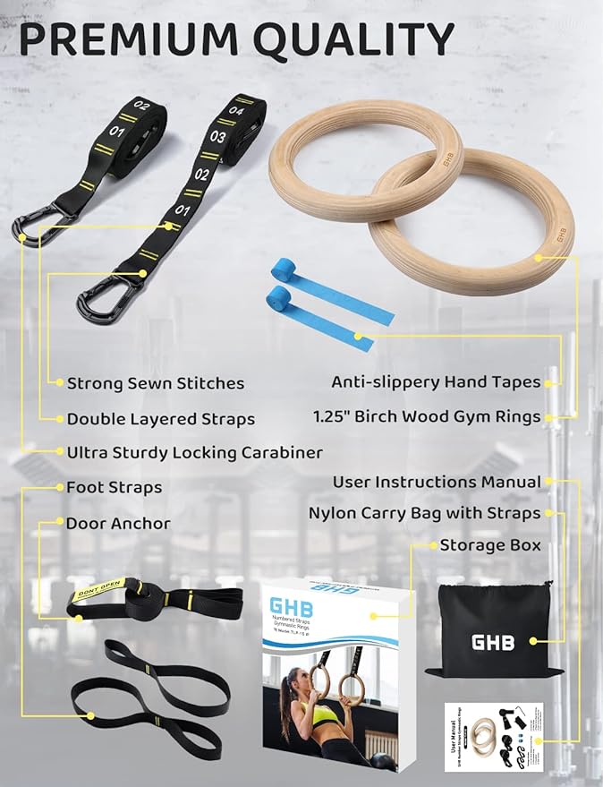 GHB Gymnastic Rings Wooden Gym Rings 1.25'' Training