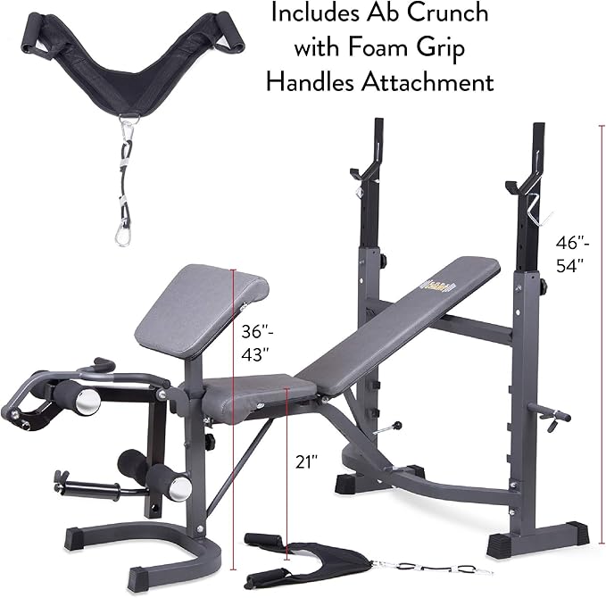 Body Champ Olympic Weight Bench, Workout Equipment for Home Workouts, Bench Press with Preacher Curl, Leg Developer and Crunch Handle At Dark Gray/Black, BCB5860