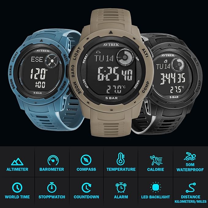 Tactical Watch with Compass,50M Waterproof Pedometer, Digital Altimeter Watch for Outdoor Hiking/Climbing(Cafe)