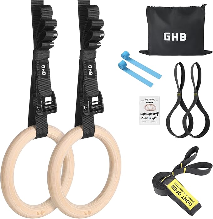 GHB Gymnastic Rings Wooden Gym Rings 1.25'' Training