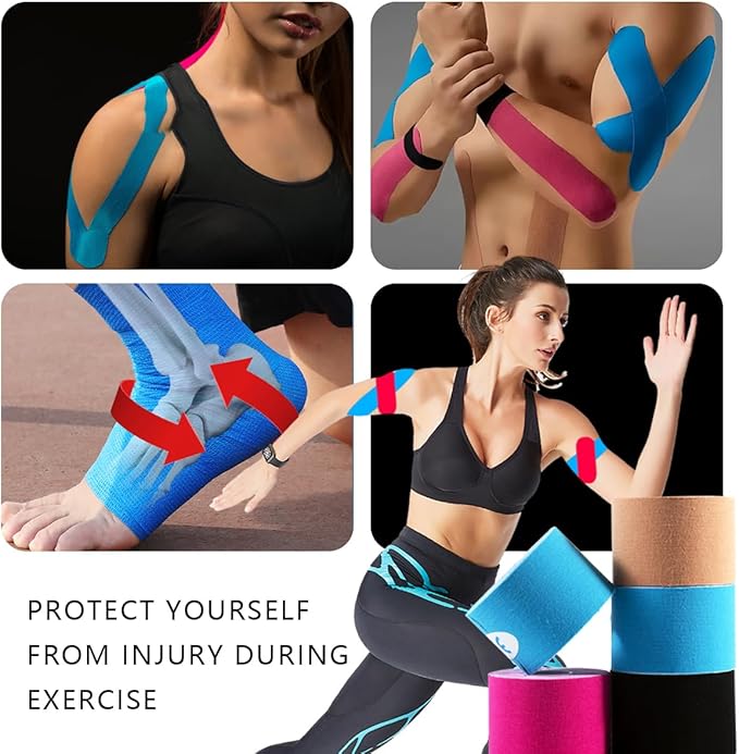 OBTANIM Waterproof Kinesiology Tape 4 Rolls Precut Strips Elastic Athletic Tape Muscle Pain Relief Sports Tape for Knee Fitness Running Tennis Swimming (Mixed Color)