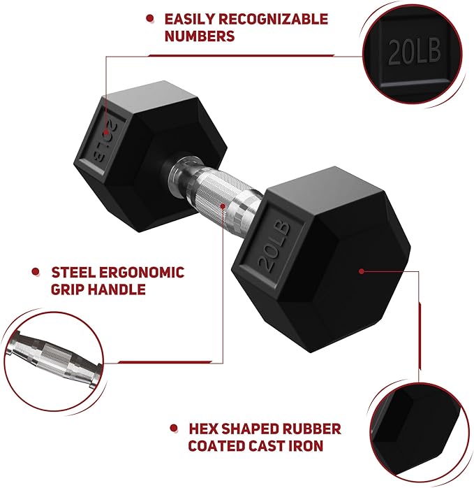 BalanceFrom 100LB or 150LB Rubber Coated Hex Dumbbell Weight Set and Storage Rack, 5-20 lbs Pairs, or 5-25 lbs Pairs