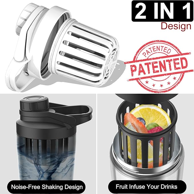 Stainless Steel Shaker Bottle with Noise-Free Design - Patented 24 oz Insulated Metal Shakers Bottles Cup for Protein Mixes and Pre Workout 100% Leak Proof (White)
