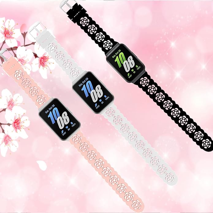3 Pack Sport Bands Compatible with Samsung Galaxy Fit 3, Slim Lace Breathable Rose Hollowed-out & Leopard Engraved Silicone Replacement Straps Wristbands for Galaxy Fit3 SM-R390 Smart Watch Women Men