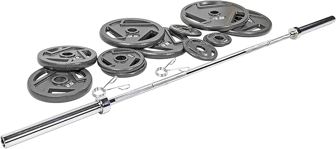 Signature Fitness Cast Iron Olympic 2-Inch Weight Plates Including 7FT Olympic Barbell, 130-Pound, 300-Pound or 325-Pound Set, Multiple Packages