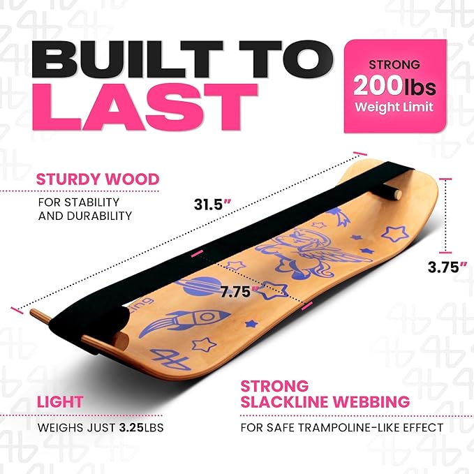 Balance Board for Kids - Slackline Wooden Wobble Board - Slackboard Balance Trainer for Coordination - Training for Skateboard, Snowboard, Football, Soccer, Baseball, Basketball