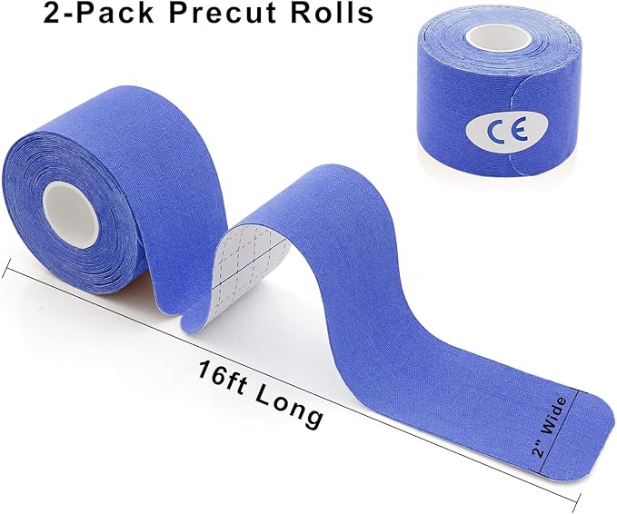 MUEUSS Kinesiology Tape Elastic Cotton Athletic Tape Precut Strips,Waterproof Tape for Protects Muscles,Knees,Shoulders Plantar Fasciitis Pain Relief,Pregnancy Belly Tape (2rolls Dark Blue&Light Blue)