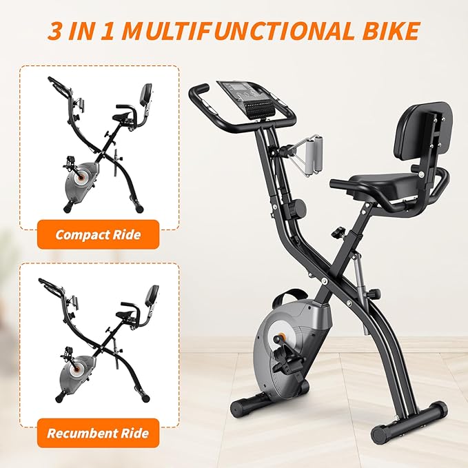 ATIVAFIT Exercise Bike Foldable Fitness Indoor Cycling Bike Magnetic 3 in 1 Upright Recumbent Exercise Bike with Resistance Bands for Home Workout