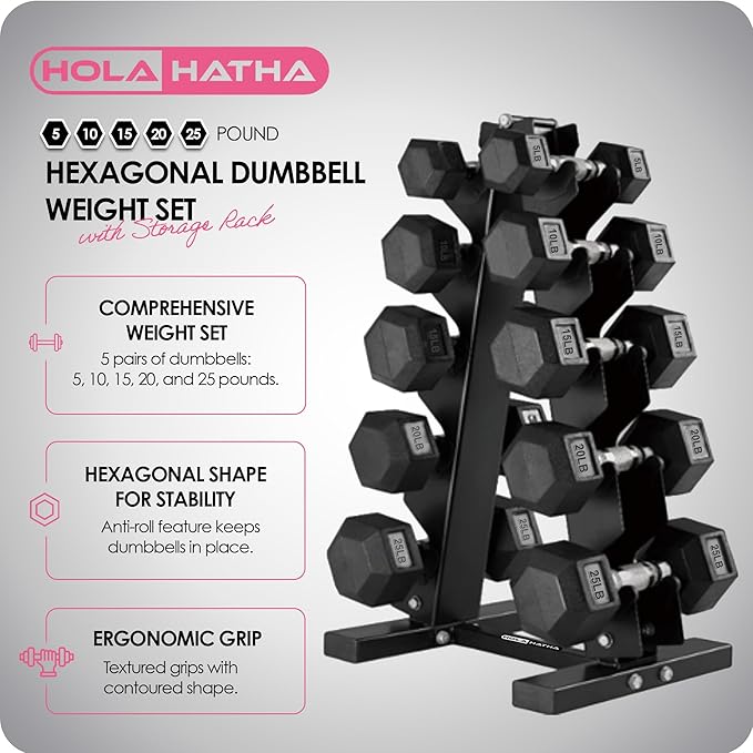 HolaHatha Hexagonal Dumbbell Free Hand Weight Set w/Rack
