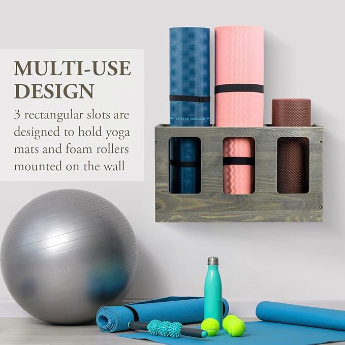 MyGift Wall Mounted Vintage Gray Solid Wood Yoga Mat Holder Fitness Gym Foam Roller Storage Organizer, Floor Standing Sports Exercise Mat Rack