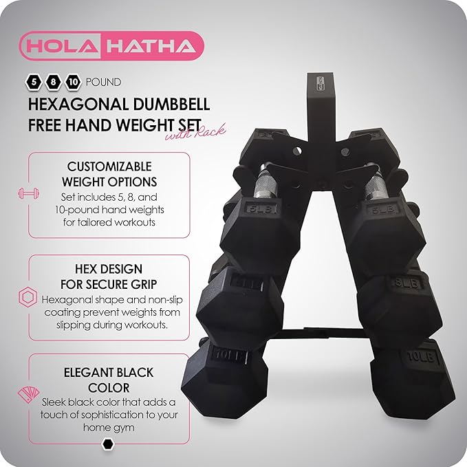 HolaHatha Hexagonal Dumbbell Free Hand Weight Set w/Rack
