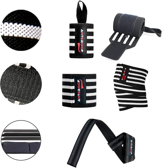 Strength Training Kit: Knee Wraps, Wrist Wraps, and Lifting Straps Set (3 Pairs) - Ultimate Protection for Weightlifting, Bodybuilding, and Fitness Workouts