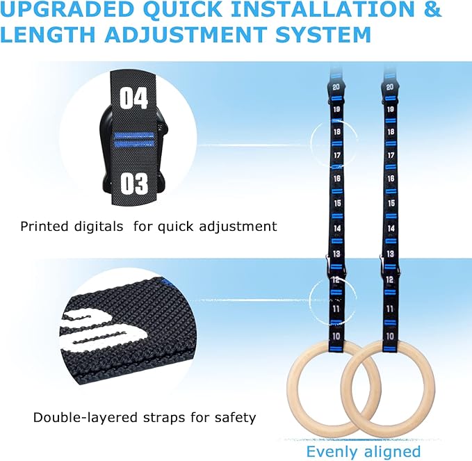 Wooden Gymnastic Rings with Adjustable Numbered Straps. 1.25'' 8.5ft Exercise