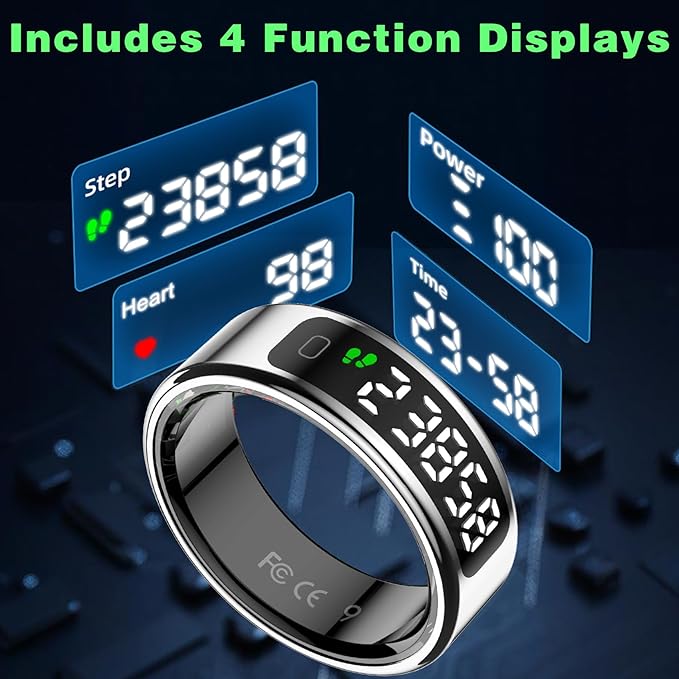 Smart Ring with LED Display Screen, Fitness Tracker Smart Rings for Women Men, Health Ring for iOS & Android, Sleep Tracker Ring Compatible with Heart Rate, SpO2, Sleep, Step (Silver, 12)