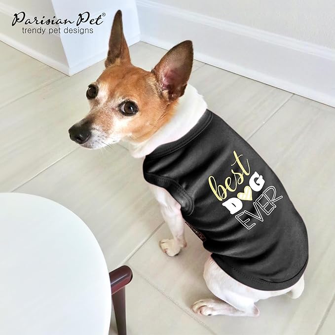 Parisian Pet Dog Tshirt - Embroidered “ Best Dog Ever “ Tank Top - Pure Cotton and Lightweight Pet Vest - Sleeveless Black Tee Shirts - Machine Washable Shirt for Large Dogs - 3XL