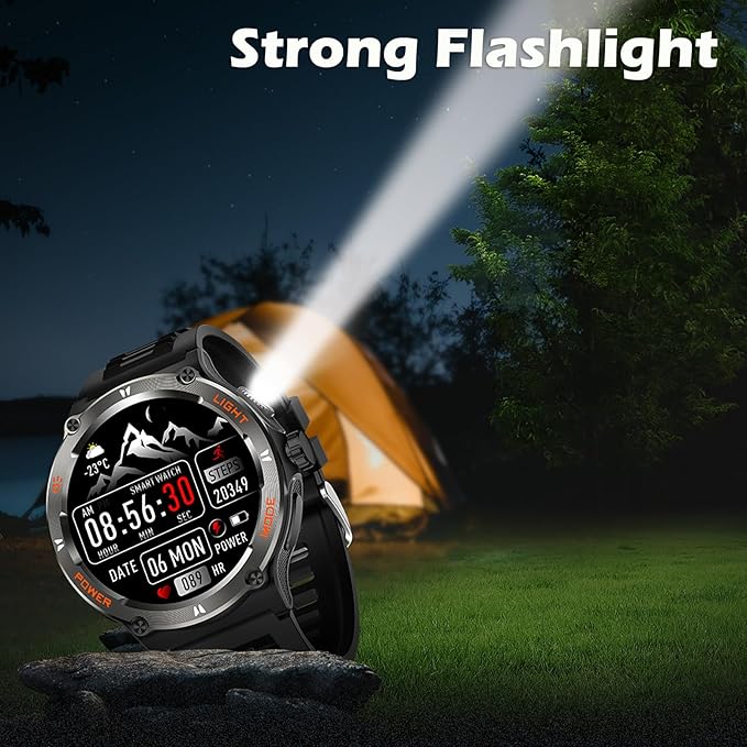 Yihou Smart Watch with Compass and Flashlight, Military Activity Tracker for Android iOS(Bluetooth Call Answer/Dial Calls) Rugged Smartwatch AI Voice Assistant/Heart Rate/Blood Pressure