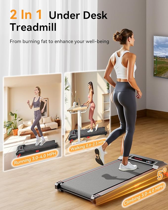 Walking Pad Treadmill, WalkDate Incline Walking Pad Under Desk Treadmills 330 Lbs Capacity, 2.5HP Low Noise Portable Running Machine for Home and Office, with LED Display, Remote Control