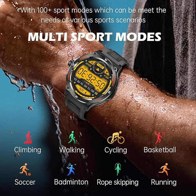 Yihou Smart Watch with Compass and Flashlight, Military Activity Tracker for Android iOS(Bluetooth Call Answer/Dial Calls) Rugged Smartwatch AI Voice Assistant/Heart Rate/Blood Pressure
