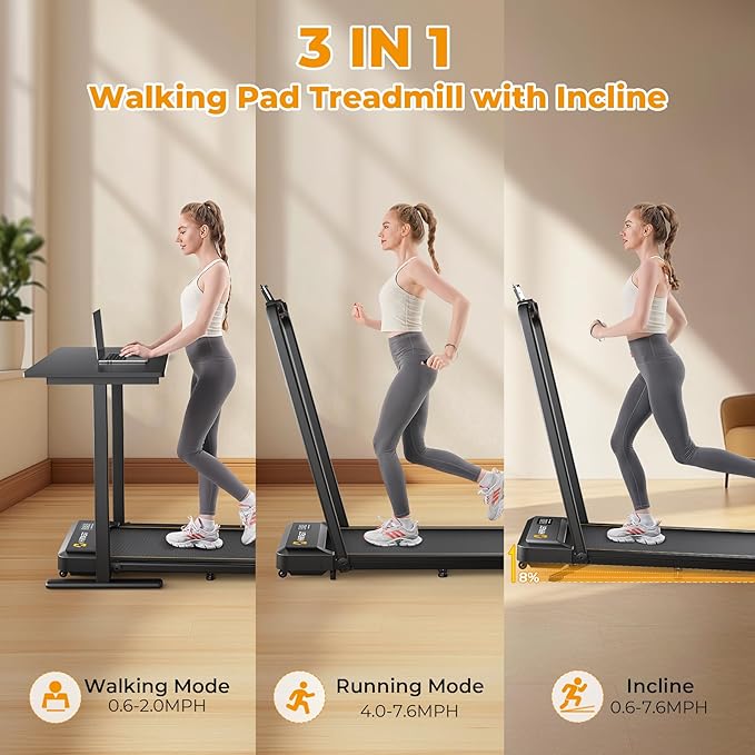 Walking Pad, Under Desk Treadmill for Home Office, Small Walking Pad with Handle Bar and Incline, Foldable Treadmill with Remote Control, APP