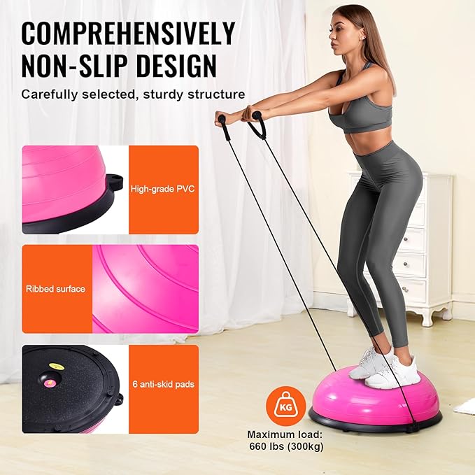 VEVOR Half Exercise Ball Trainer, 23/26 inch Balance Ball Trainer, 1500lbs Capacity Stability Ball, Yoga Ball with Resistance Bands & Foot Pump, Strength Fitness Ball for Home Gym Full Body Workout Black