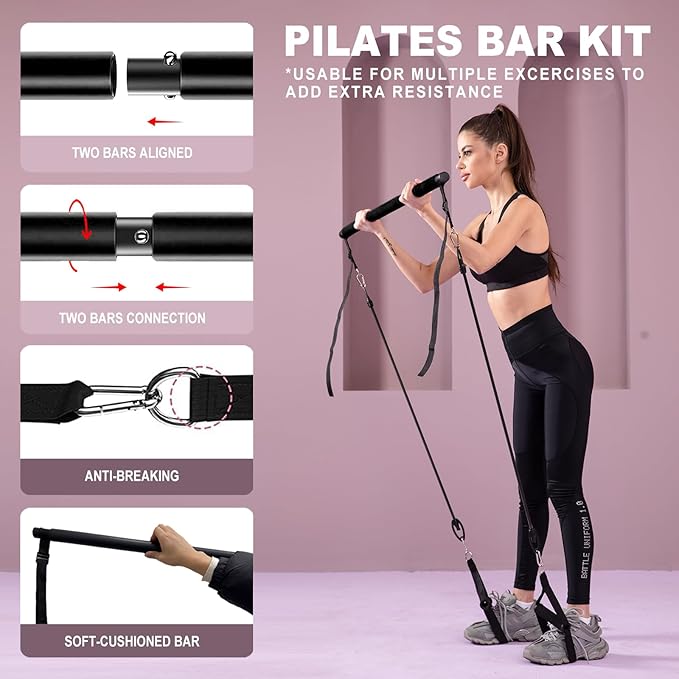 Ultimate Pilates bar kit.Multiple Fitness bar with Resistance Bands, Ab Rollers. Core Strength Training Equipment. Squat Machine for Men and Women. Portable Home Gym