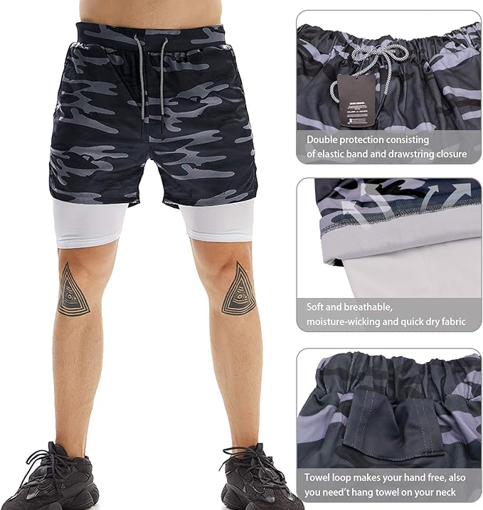 OEBLD Mens Athletic Shorts 2-in-1 Gym Workout Running 7'' Shorts with Towel Loop