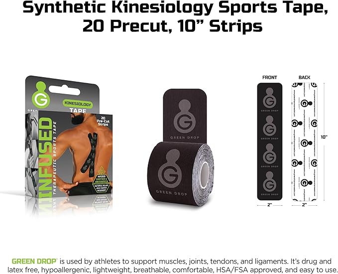 Herbal-Infused, Therapeutic Sports Tape – Stretchable, Breathable & Patented Medical Grade Kinesiology Tape for Natural Relief in Muscles, 20 Precut, 10” Strips
