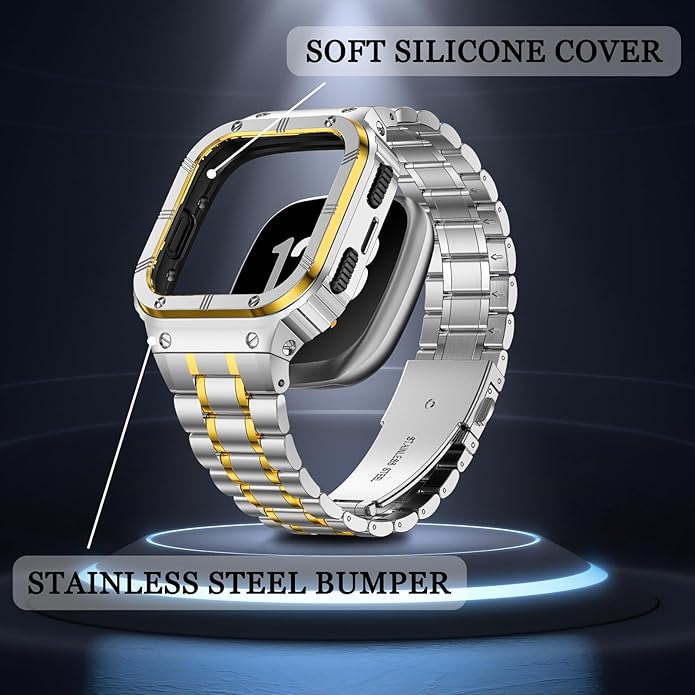 Stainless Steel Watch Band with Case Compatible for Fitbit Versa/Fitbit Sense Bands, Rugged Protective Bumper Metal Wristbands for Men Women