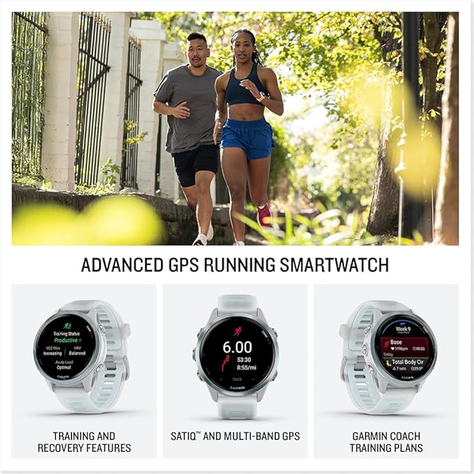 Garmin 010-02970-01 Forerunner 570-42mm GPS Smartwatch Aluminum and Whitestone/Blue Band Bundle with Deco Essentials Charging Dock, Silicone Dust Cover 3 Pack and USB Type C Charging and Sync Cable
