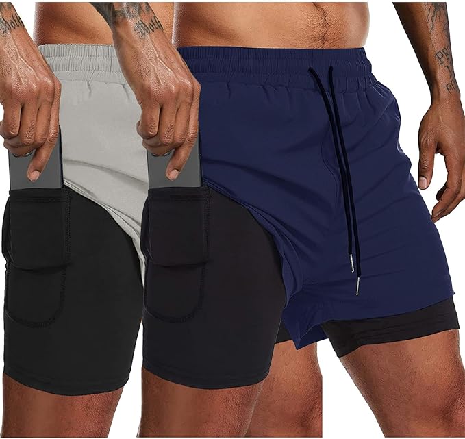 COOFANDY Men's 2 Pack Running Shorts 2 in 1 Workout Shorts Quick Dry Gym Training Athletic Jogger with Phone Pockets