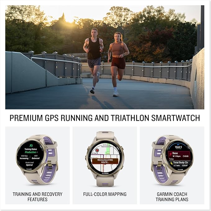 Garmin® Forerunner® 970, Premium GPS Running and Triathlon Smartwatch, AMOLED Display, Built-in LED Flashlight, Soft Gold Titanium with French Gray Case and French Gray/Translucent Indigo Band
