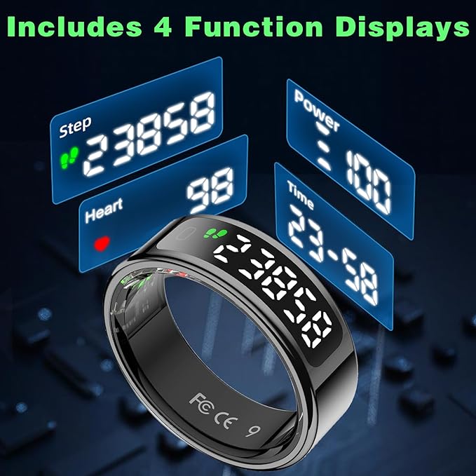 Smart Ring with LED Display Screen, Fitness Tracker Smart Rings for Women Men, Health Ring for iOS & Android, Sleep Tracker Ring Compatible with Heart Rate, SpO2, Sleep, Step (Black, 12)